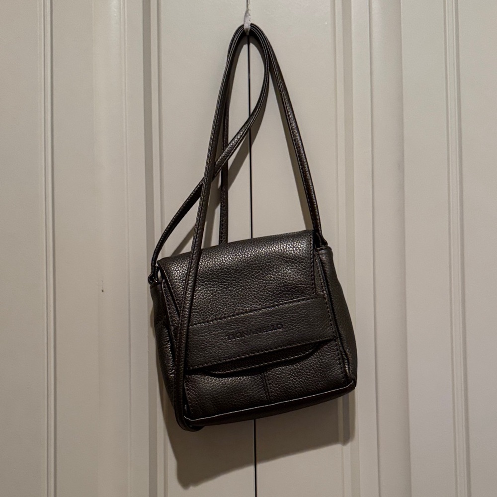 Tagnanillo Silver Pebbled Leather Crossbody Bag